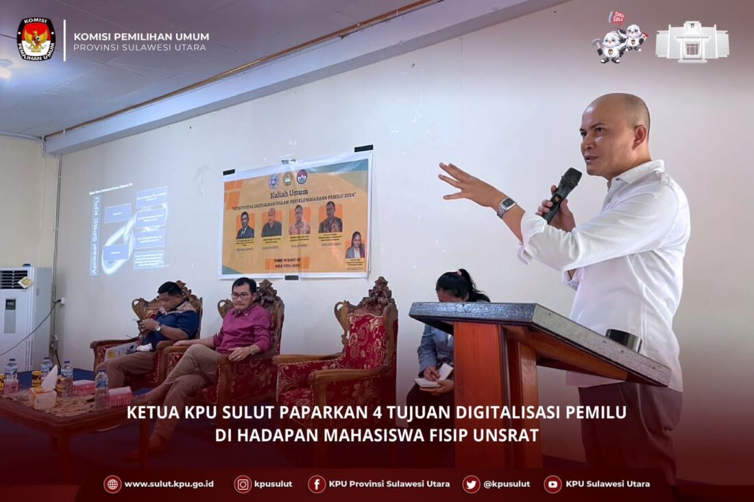 Ketua KPU Sulut, Meidy Tinangon di hadapan 147 peserta Kuliah Umum bertajuk Efektivitas Digitalisasi Pemilu 2024 yang digelar Pusat Stufi Kepemiluan Himaju Pemerintahan FISIP Unsrat di Aula FISIP, Kamis 9 Maret 2023.