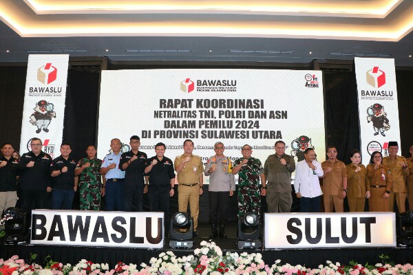Rapat Koordinasi (Rakor) Netralitas TNI, Polri dan ASN dalam Pemilu 2024 di Sulawesi Utara, Senin (4/12/2023) yang digelar di Sentra Hotel Manado, dihadiri oleh Forkopimda Sulut, Forkopimda Kabupaten/Kota dan Bawaslu Sulawesi Utara