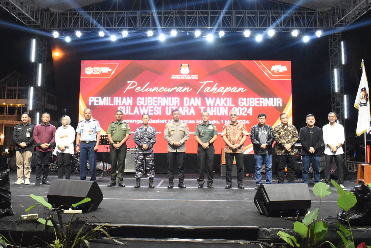 Kadispotdirga Lanud Sam Ratulangi Kolonel Pas Paulus Purwadi S.Pd., mewakili Danlanud Sam Ratulangi Marsma TNI Ramot C.P. Sinaga, S.E., M.Han., menghadiri Peluncuran Tahapan Pemilihan Gubernur dan Wakil Gubernur Sulawesi Utara Tahun 2024 di Kawasan Megamas, Manado. Rabu (1/5/2024).