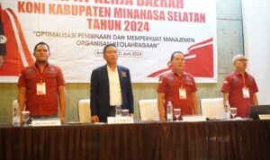 Bupati Minahasa Selatan  Franky Donny Wongkar, SH. yang juga selaku Ketua Umum KONI Kabupaten Minsel, membuka Kegiatan Rapat Kerja Daerah KONI Kabupaten Minahasa Selatan Tahun 2024, di Hotel Sutanraja Amurang, Sabtu (1/6/2024).