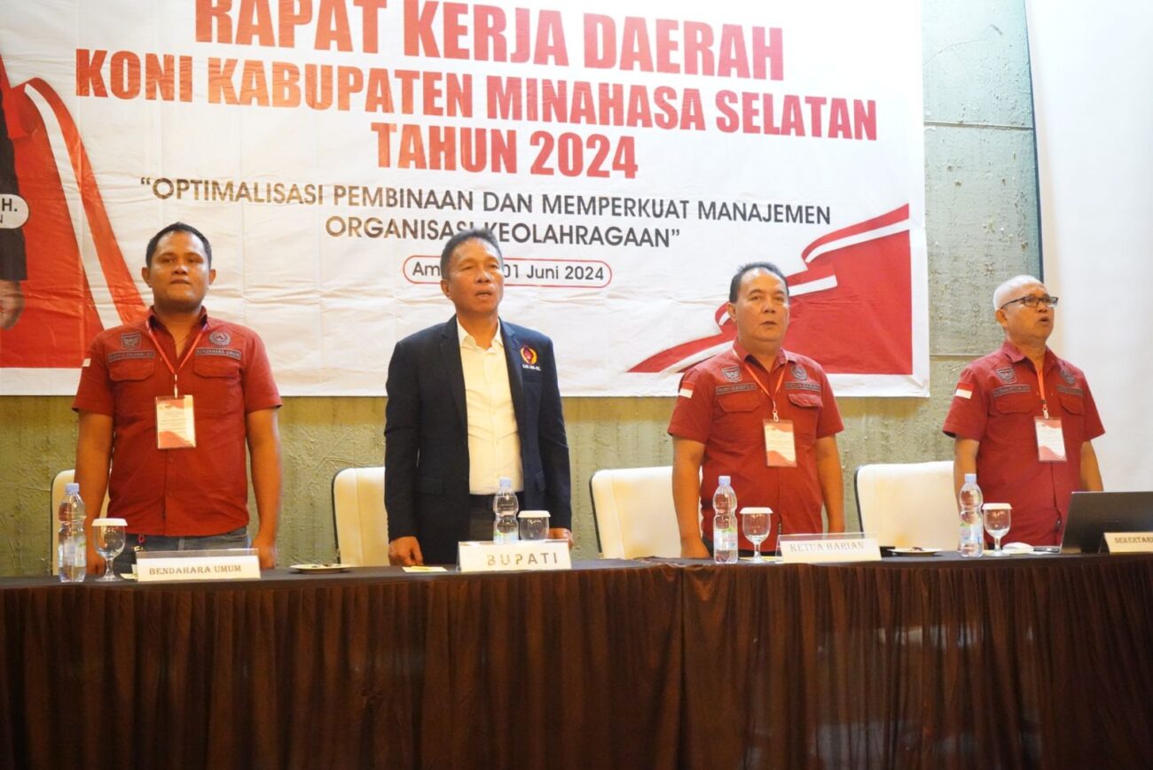 Bupati Minahasa Selatan  Franky Donny Wongkar, SH. yang juga selaku Ketua Umum KONI Kabupaten Minsel, membuka Kegiatan Rapat Kerja Daerah KONI Kabupaten Minahasa Selatan Tahun 2024, di Hotel Sutanraja Amurang, Sabtu (1/6/2024).