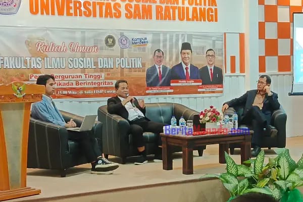 Ketua Dewan Kehormatan Penyelenggara Pemilu (DKPP), Heddy Lugito memberikan Kuliah Umum di Fakultas Ilmu Sosial dan Politik (FISIP) Universitas Sam Ratulangi (Unsrat) Manado, Jumat (14/6/2024).
