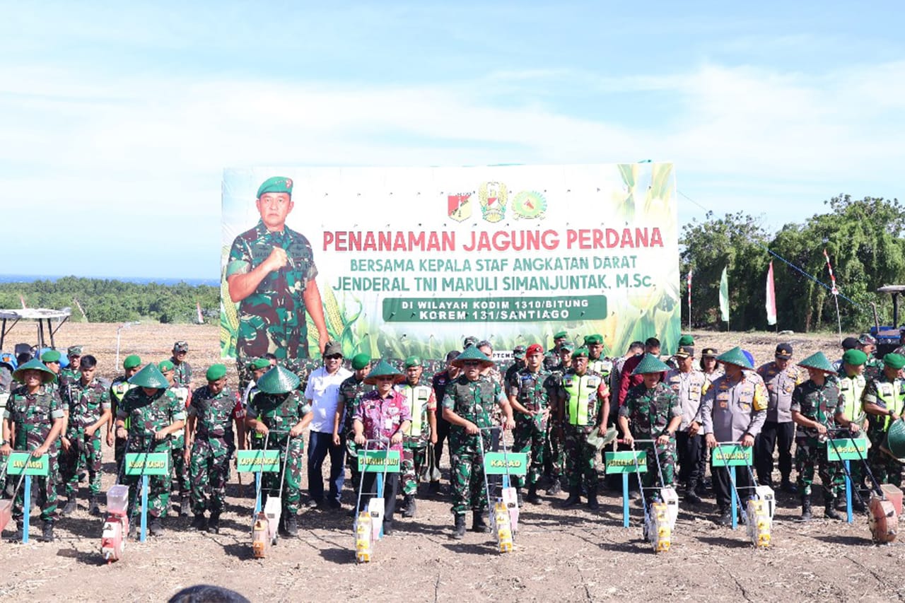 Bersama Kasad Jenderal TNI Maruli Simanjuntak, M.Sc., Danlanud Sam Ratulangi Marsma TNI Ramot C.P. Sinaga, S.E., M.Han., berpartisipasi menanam jagung perdana di Desa Kema 1, Minahasa Utara, Sulawesi Utara. Jumat (13/9/2024).