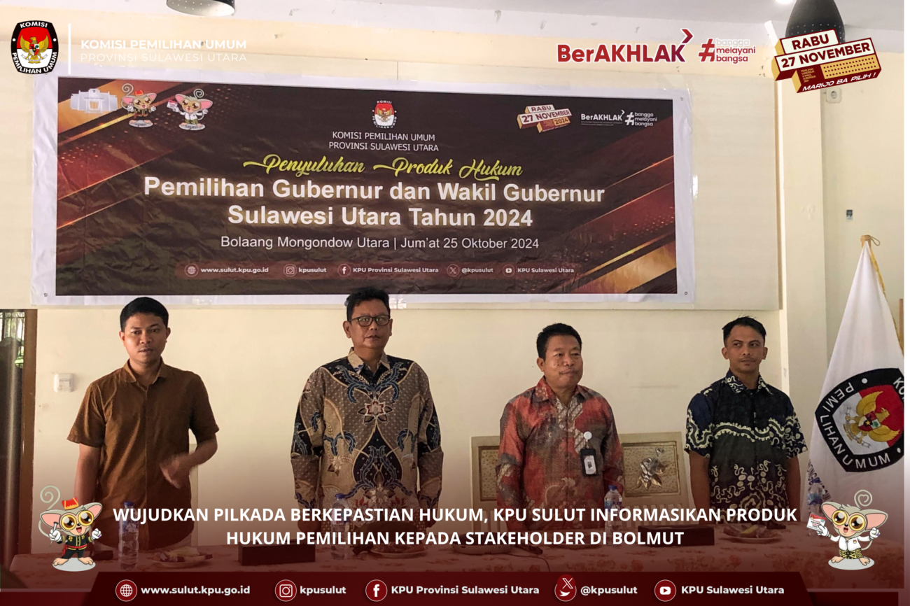 KPU Sulut secara intensif memberikan informasi aturan-aturan Pemilihan Kepala Daerah Serentak Tahun 2024 melalui kegiatan Penyuluhan Produk Hukum Pemilihan Kepala Daerah Tahun 2024.