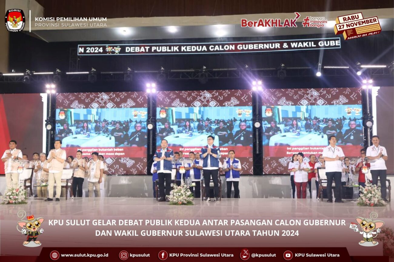 KPU Sulut menggelar Debat Publik atau Debat Terbuka Kedua Antar Pasangan Calonn Gubernur dan Wakil Gubernur Sulawesi Utara Tahun 2024, kali ini dilaksanakan di Gedung Wale Ne Tou Kabupaten Minahasa, Rabu (23/10/2024).