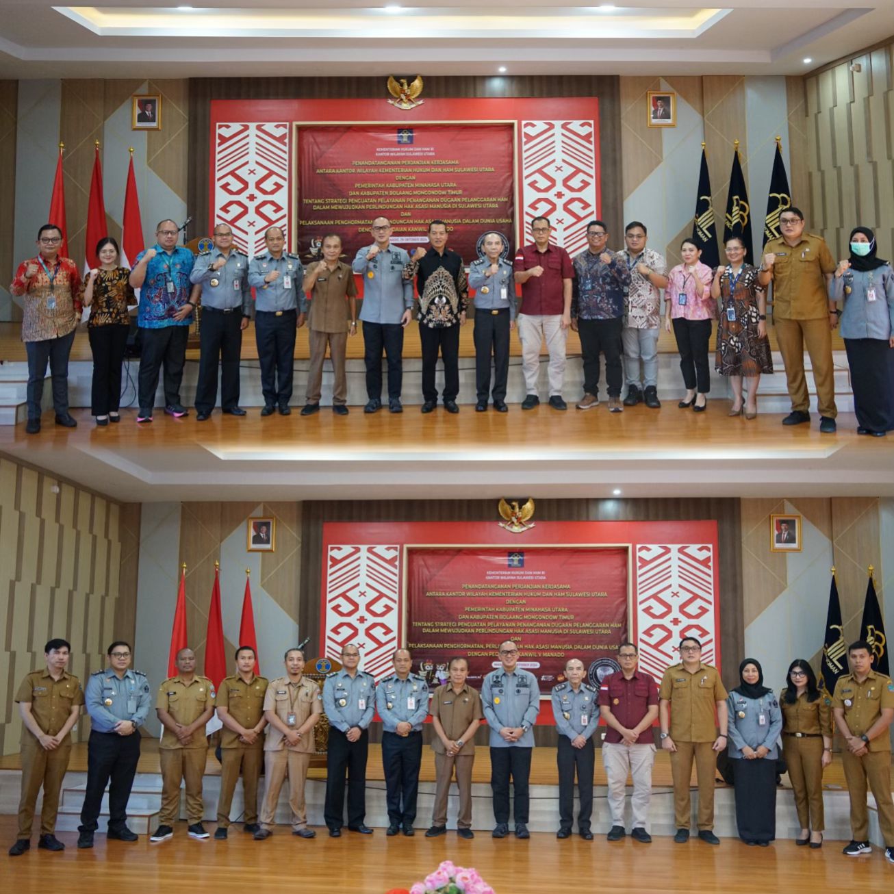 Kepala Kantor Wilayah Kemenkumham Sulawesi Utara Ronald Lumbuun dan Pimpinan Wilayah Pegadaian Kanwil V Manado melakukan penandatangan perjanjian kerjasama terkait pelaksanaan dan perlindungan HAM dalam dunia usaha, di Aula Mapalus, Selasa (29/10).