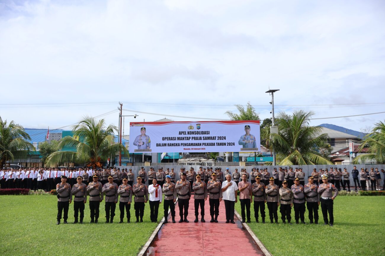 Polda Sulawesi Utara (Sulut) menggelar apel konsolidasi Operasi Mantap Praja Samrat 2024 dalam rangka pengamanan Pilkada Serentak Tahun 2024.