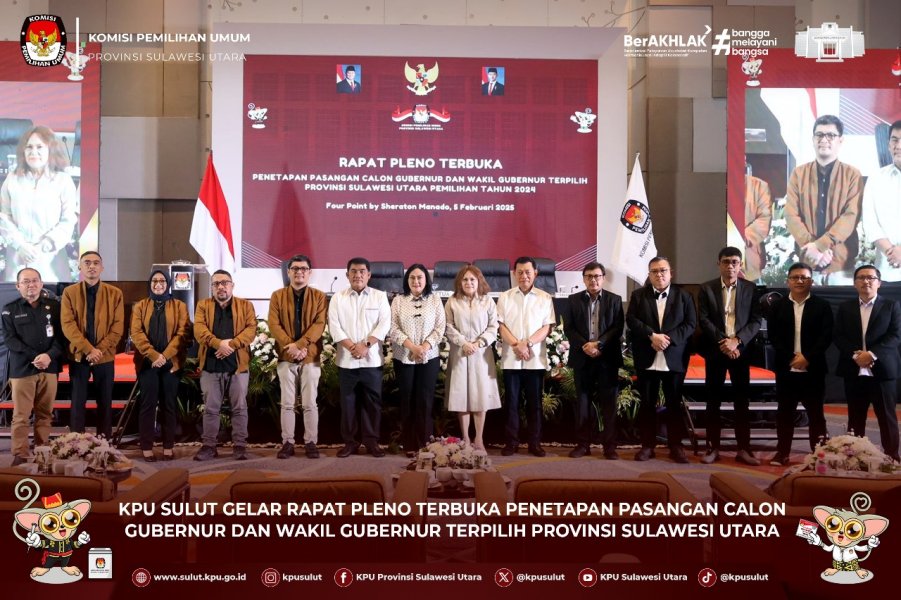 KPU Sulut resmi menetapkan pasangan calon nomor urut 1, Mayjen TNI (Purn.) Yulius Selvanus, SE, dan Dr. Johannes Victor Mailangkay, SH, MH, sebagai Gubernur dan Wakil Gubernur Terpilih Sulawesi Utara dalam Pemilihan Tahun 2024.