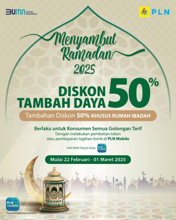PLN romo menarik berupa diskon tambah daya 50% untuk seluruh pelanggan di semua golongan tarif dan tambahan diskon 50% khusus pelanggan rumah ibadah melalui program “Menyambut Ramadan 2025”oleh PT PLN (Persero).