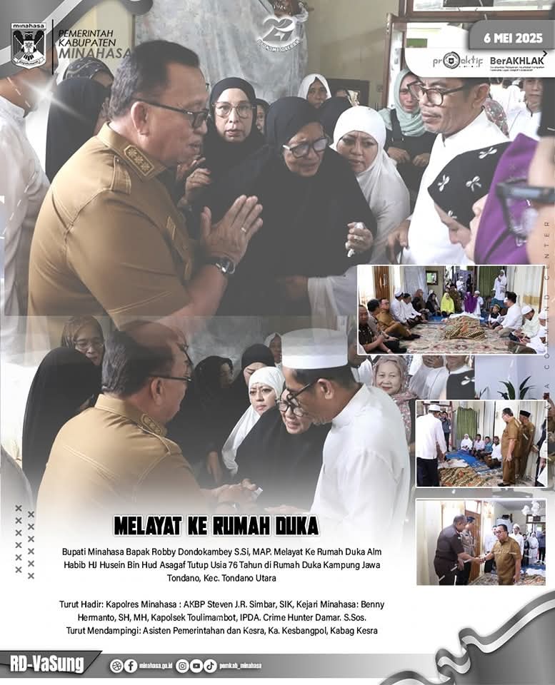 Bupati Minahasa Robby Dondokambey S.Si, MAP., menyampaikan belasungkawa secara langsung kepada keluarga almarhum Habib HJ Husein Bin Hud Asagaf di rumah duka Kampung Jawa Tondano, Kecamatan Tondano Utara, Selasa (6/5/2025).