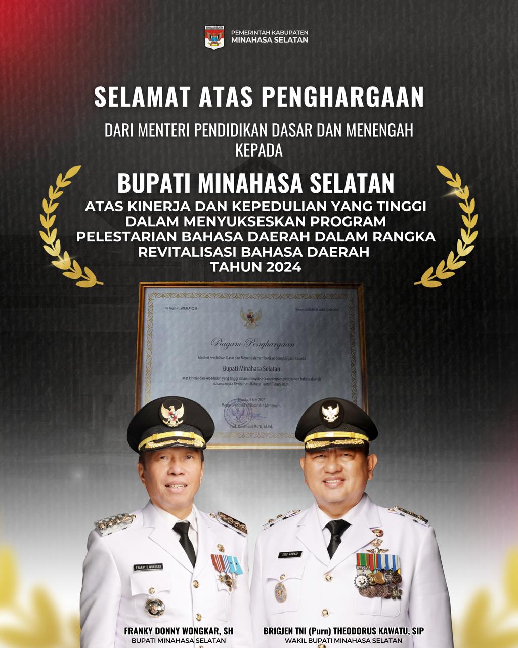 Minahasa Selatan Raih Penghargaan Nasional atas Revitalisasi Bahasa Daerah 2024