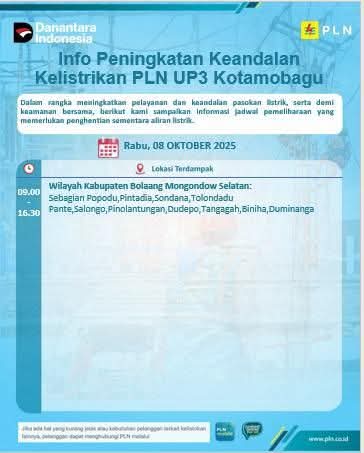 PT PLN (Persero) Unit Pelaksana Pelayanan Pelanggan (UP3) Kotamobagu akan melaksanakan pekerjaan pemeliharaan jaringan listrik pada besok, Rabu (08/10/25).