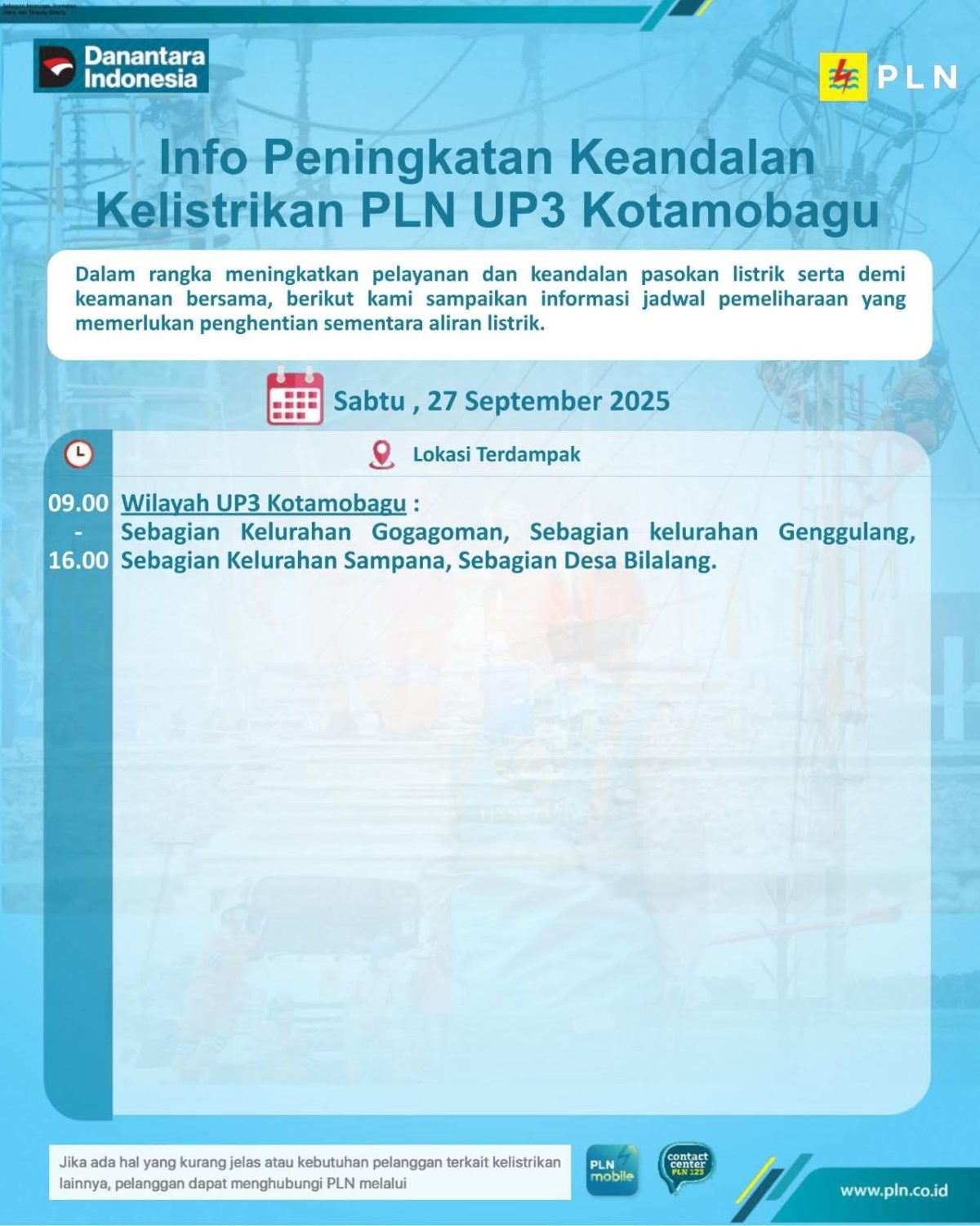 PLN UP3 Kotamobagu Lakukan Pemadaman Sementara