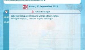 PLN (Persero) Unit Pelaksana Pelayanan Pelanggan (UP3) Kotamobagu akan melaksanakan pekerjaan pemeliharaan jaringan listrik pada hari  ini, Kamis (25/09/25).