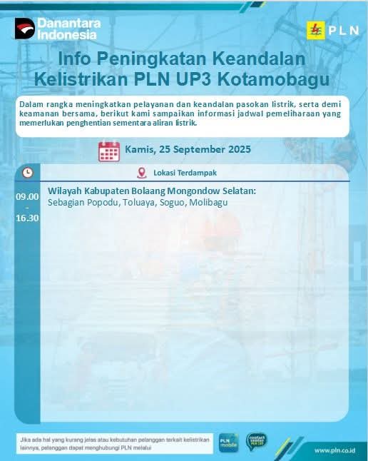 PLN (Persero) Unit Pelaksana Pelayanan Pelanggan (UP3) Kotamobagu akan melaksanakan pekerjaan pemeliharaan jaringan listrik pada hari  ini, Kamis (25/09/25).