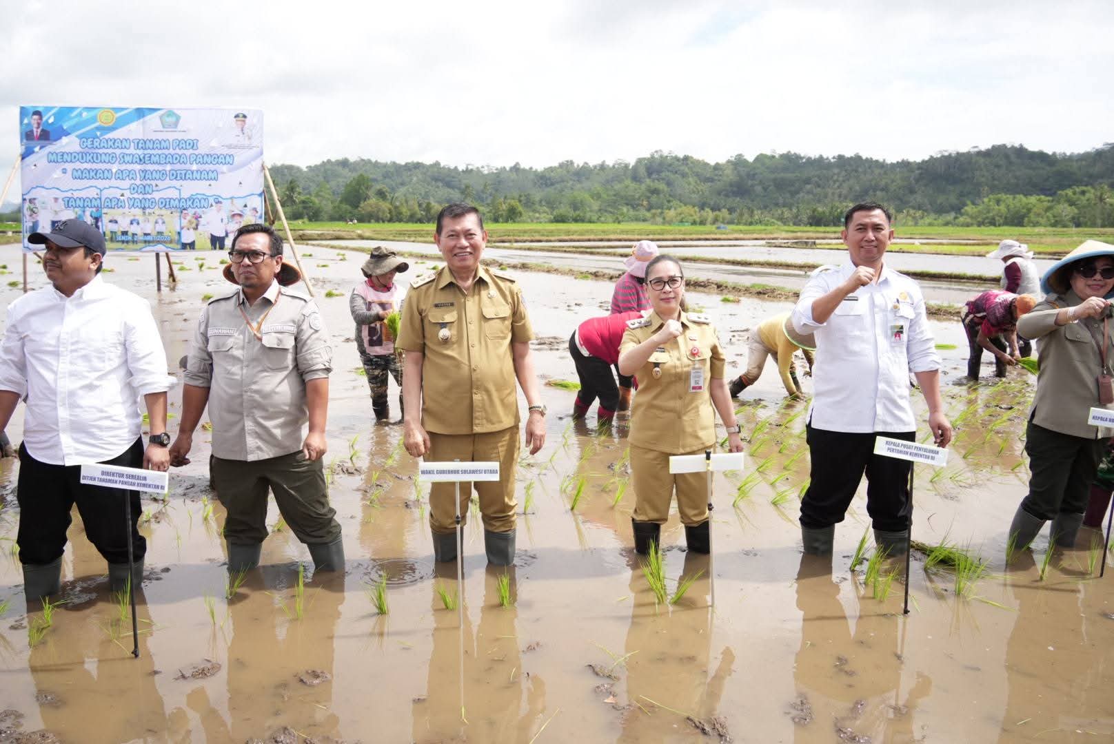 Wakil Bupati Minahasa, Vanda Sarundajang, mendampingi Wakil Gubernur Sulawesi Utara, Dr. Victor Mailangkay, SH, MH, dalam kegiatan Gerakan Tanam Padi yang digelar di Desa Touliang, Kecamatan Kakas, Kabupaten Minahasa, Senin (2/3/2026).