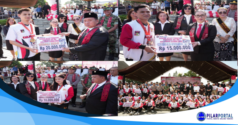 Bupati Minahasa Dr. Robby Dondokambey, SSi, MAP dan Wakil Bupati Vanda Sarundajang, SS menyerahkan Bonus kepada para Atlit Peraih Medali dan para Pelatih serta Pelatih Berprestasi dalam ajang Pekan Olahraga Provinsi (PORPROV) XII Sulawesi Utara 2025