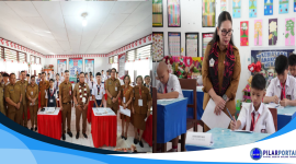 Bupati Minahasa Dr. Robby Dondokambey, S.Si., MAP, dan Wakil Bupati Minahasa Vanda Sarundajang, SS, membuka pelaksanaan Ujian Sumatif Akhir Jenjang (USAJ) tingkat SD dan SMP Tahun 2026, Senin (4/5/2026),