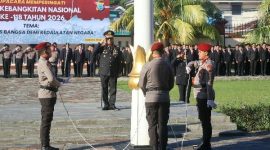 Wakapolda Sulawesi Utara Awi Setiyono bertindak sebagai inspektur upacara dalam peringatan Hari Kebangkitan Nasional (Harkitnas) ke-118 tahun 2026 di Lapangan Presisi Polda Sulut, Rabu (20/5/2026).