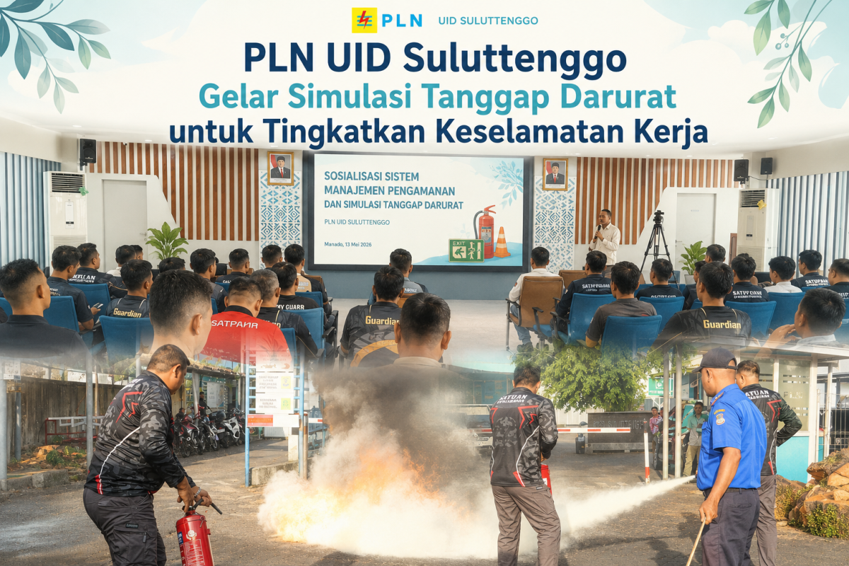 PT PLN (Persero) Unit Induk Distribusi (UID) Sulawesi Utara, Sulawesi Tengah, dan Gorontalo (Suluttenggo) menggelar Sosialisasi Sistem Manajemen Pengamanan dan Simulasi Tanggap Darurat di Aula Klabat Kantor Induk PLN UID Suluttenggo, Rabu (13/5/2026). (sketsa simulasi)