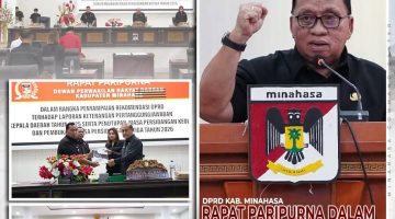 Bupati Minahasa Dr. Robby Dondokambey, S.Si, MAP bersama Sekretaris Daerah Kabupaten Minahasa Dr. Lynda D. Watania, MM, M.Si menghadiri Rapat Paripurna DPRD Kabupaten Minahasa dalam rangka penyampaian rekomendasi DPRD terhadap Laporan Keterangan Pertanggungjawaban (LKPJ) Kepala Daerah Tahun 2025.