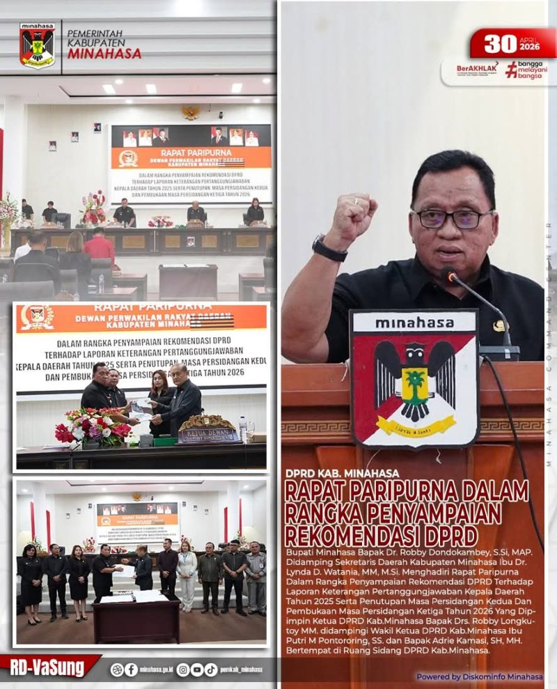 Bupati Minahasa Dr. Robby Dondokambey, S.Si, MAP bersama Sekretaris Daerah Kabupaten Minahasa Dr. Lynda D. Watania, MM, M.Si menghadiri Rapat Paripurna DPRD Kabupaten Minahasa dalam rangka penyampaian rekomendasi DPRD terhadap Laporan Keterangan Pertanggungjawaban (LKPJ) Kepala Daerah Tahun 2025.