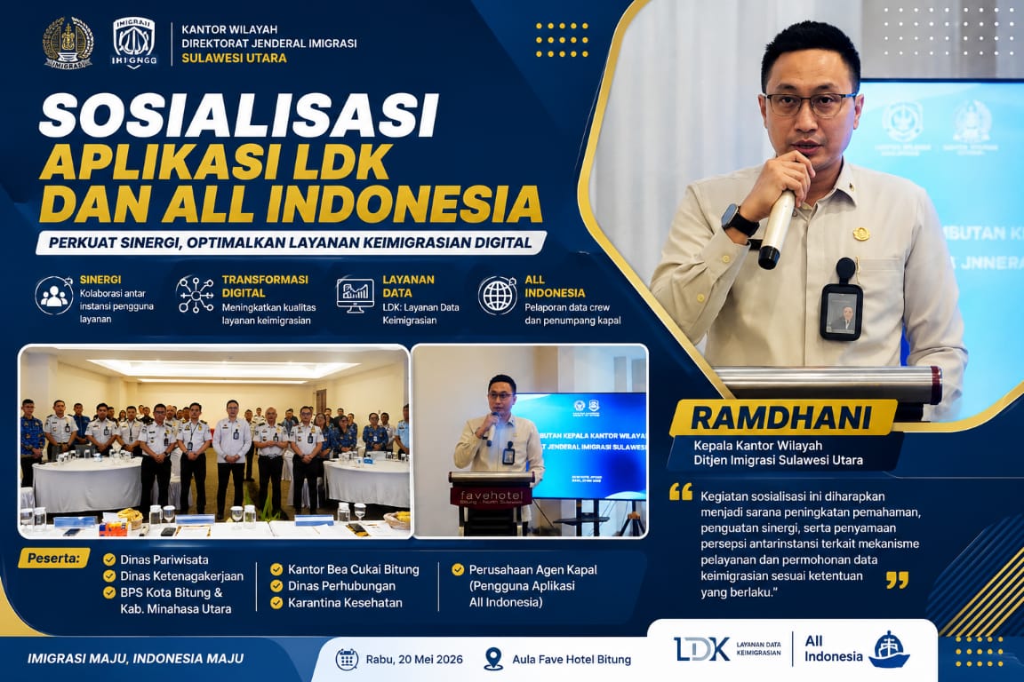 Kantor Wilayah Direktorat Jenderal Imigrasi Sulawesi Utara melalui Kantor Imigrasi Kelas II TPI Bitung menggelar Sosialisasi Aplikasi Layanan Data Keimigrasian (LDK) dan Aplikasi All Indonesia, Rabu (20/5/2026), di Aula Fave Hotel Bitung.