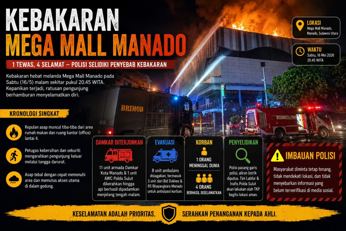 Mega Mall Manado dilanda kebakaran hebat pada Sabtu (16/5/2026) malam sekitar pukul 20.45 WITA. (Sketsa Kebakaran Mega Mall Manado)