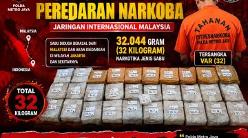 Direktorat Reserse Narkoba Polda Metro Jaya berhasil menggagalkan peredaran narkotika jenis sabu seberat 32 kilogram yang diduga berasal dari jaringan internasional Malaysia.