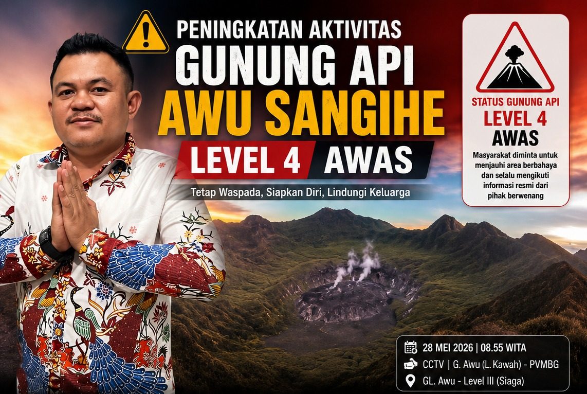 Robby Madellu menyampaikan klarifikasi dan permohonan maaf terkait unggahan di media sosial Facebook yang sempat menimbulkan keresahan masyarakat soal aktivitas Gunung Api Awu Sangihe.dan unggahan tersebut dibuat menggunakan aplikasi Artificial Intelligence (AI) dan ChatGPT untuk tujuan edukasi apabila terjadi peningkatan status Gunung Awu ke Level IV atau Awas. (Kolase Foto:Pilar/Yudi)