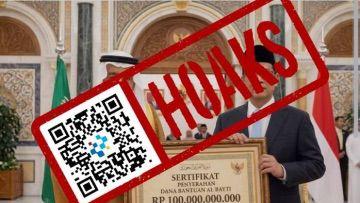 Viral di media sosial Facebook sebuah unggahan foto yang diklaim memperlihatkan Raja Arab Saudi Salman bin Abdulaziz menyerahkan bantuan sebesar Rp100 miliar kepada Menteri Keuangan Purbaya Yudhi Sadewa.