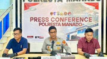 Kapolresta Manado Kombes Pol Irham Halid dalam konferensi pers yang didampingi Kasat Resnarkoba Kompol Hilman Muthalib dan Kasi Humas Iptu Agus Haryono, Selasa 2/6/2026. (Foto: Humas Polresta Manado)