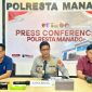 Kapolresta Manado Kombes Pol Irham Halid dalam konferensi pers yang didampingi Kasat Resnarkoba Kompol Hilman Muthalib dan Kasi Humas Iptu Agus Haryono, Selasa 2/6/2026. (Foto: Humas Polresta Manado)