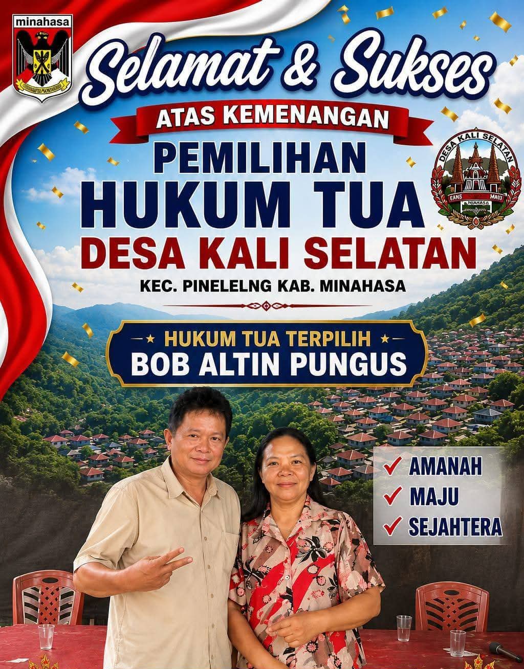Hukum Tua Desa Kali Selatan Terpilih Altin Bob Pungus Didampingi Istri.
