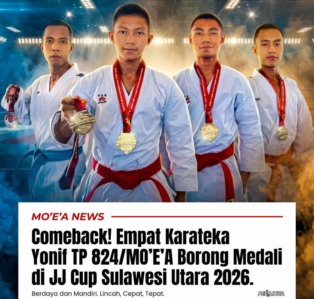 Prajurit Yonif TP 824/MO'E’A kembali mengharumkan nama Kodam XIII/Merdeka setelah meraih sejumlah medali dalam ajang Karate Open Tournament JJ Cup Sulawesi Utara 2026.