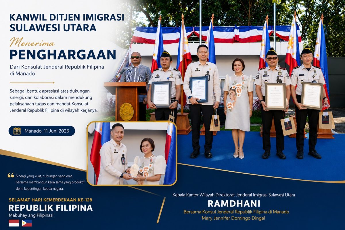Kepala Kantor Wilayah Direktorat Jenderal Imigrasi Sulawesi Utara, Ramdhani, bersama jajaran menghadiri Upacara Pengibaran Bendera dalam rangka Hari Kemerdekaan Republik Filipina ke-128 yang diselenggarakan Konsulat Jenderal Republik Filipina di Manado, Kamis (11/6/2026). (kolase foto)