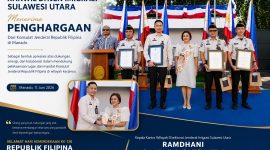 Kepala Kantor Wilayah Direktorat Jenderal Imigrasi Sulawesi Utara, Ramdhani, bersama jajaran menghadiri Upacara Pengibaran Bendera dalam rangka Hari Kemerdekaan Republik Filipina ke-128 yang diselenggarakan Konsulat Jenderal Republik Filipina di Manado, Kamis (11/6/2026). (kolase foto)