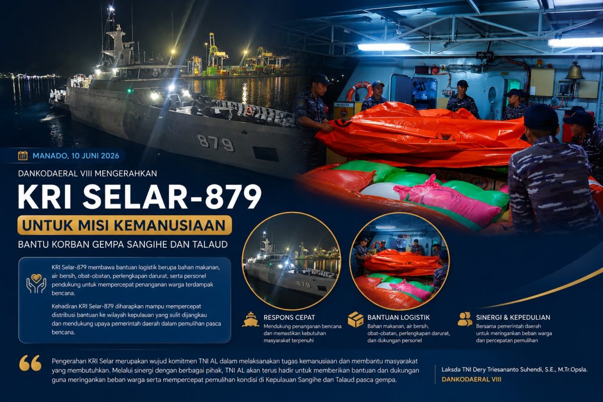 TNI Angkatan Laut melalui Komando Utama TNI Angkatan Laut (Kodaeral) VIII mengerahkan KRI Selar-879 untuk menjalankan misi kemanusiaan membantu masyarakat terdampak gempa bumi di Kepulauan Sangihe dan Talaud, Sulawesi Utara, Rabu (10/6/2026).