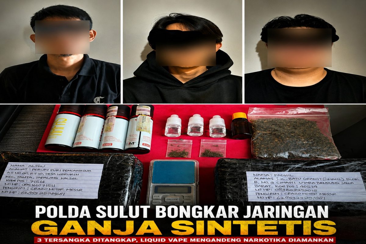 Ditresnarkoba Polda Sulut berhasil mengungkap jaringan peredaran narkotika jenis Pinaca MDMB-4EN atau ganja sintetis yang diedarkan melalui cairan liquid vape.(Kolase Foto Tersangka dan Barang Bukti)