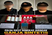 Ditresnarkoba Polda Sulut berhasil mengungkap jaringan peredaran narkotika jenis Pinaca MDMB-4EN atau ganja sintetis yang diedarkan melalui cairan liquid vape.(Kolase Foto Tersangka dan Barang Bukti)