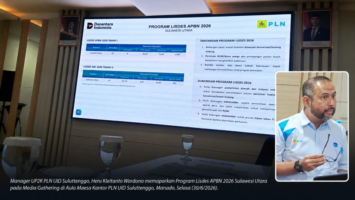 Manager UP2K PLN UID Suluttenggo, Heru Kleitanto Wardono, dalam kegiatan Media Gathering yang digelar di Aula Maesa Kantor PLN UID Suluttenggo, Jalan Bethesda, Manado, Selasa (30/6/2026).