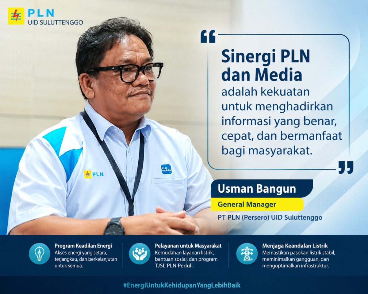 General Manager PT PLN (Persero) UID Sulawesi Utara, Tengah, dan Gorontalo (Suluttenggo), Usman Bangun, menyampaikan apresiasi kepada seluruh insan pers yang selama ini telah menjadi mitra strategis dalam mendukung penyebaran informasi kepada masyarakat.