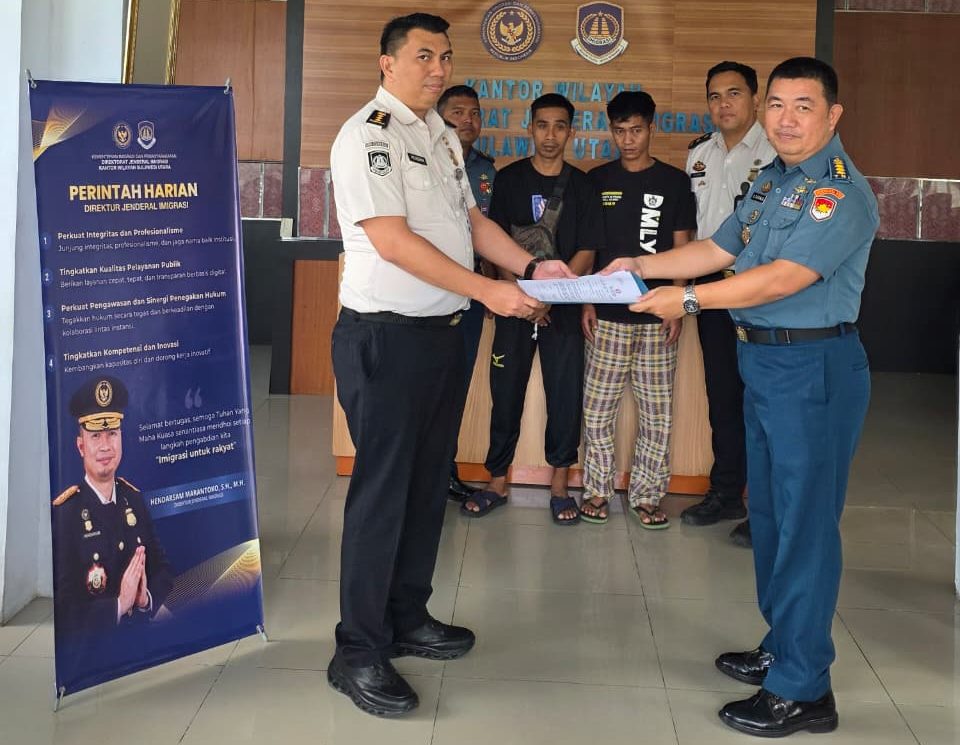 Kantor Wilayah Direktorat Jenderal Imigrasi Sulawesi Utara menerima penyerahan dua warga negara (WN) Filipina dari KODAERAL VIII Manado yang diduga memasuki wilayah Indonesia tanpa dokumen perjalanan yang sah.