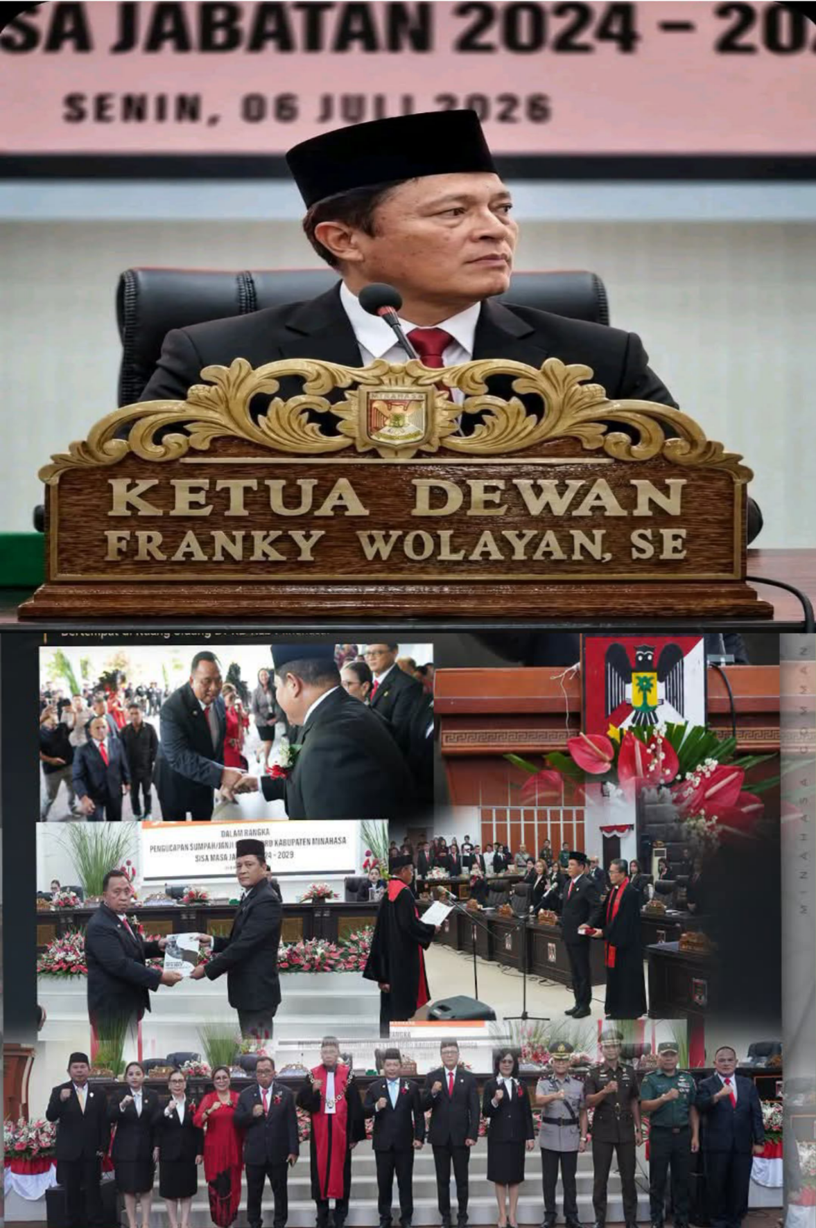 Foto Dok: Franky Wolayan, SE resmi dilantik dan mengucapkan sumpah janji sebagai Ketua DPRD Kabupaten Minahasa dan diambil sumpah oleh Ketua Pengadilan Negeri Tondano, Dr Erenst Ulaen SH MH, untuk sisa masa jabatan 2024–2029.