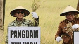 Pangdam XIII/Merdeka Mayjen TNI Mirza Agus, S.I.P., menghadiri Panen Raya Padi Serentak Program Ketahanan Pangan TNI di Desa Tapadaka Timur, Kecamatan Dumoga, Kabupaten Bolaang Mongondow, Selasa (14/7/2026).