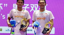 Ganda putra Indonesia Fajar Alfian/Muhammad Shohibul Fikri sukses menjuarai China Open 2026 setelah mengalahkan pasangan Korea Selatan