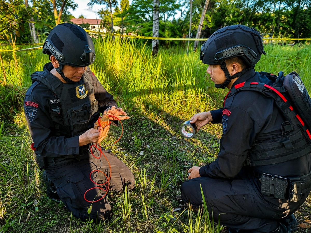 Tim Komposit Detasemen Gegana Satbrimob Polda Sulawesi Utara menangani temuan benda yang diduga granat tangan di wilayah hukum Polsek Likupang, Minahasa Utara.
