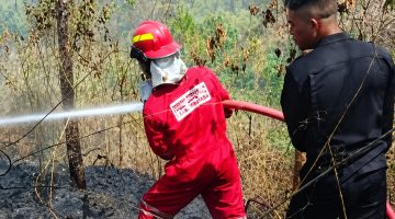 Personel Satuan Brimob Polda Sulawesi Utara bergerak membantu pemadaman kebakaran semak belukar di kawasan Gunung Batu, Desa Sea, Kabupaten Minahasa.