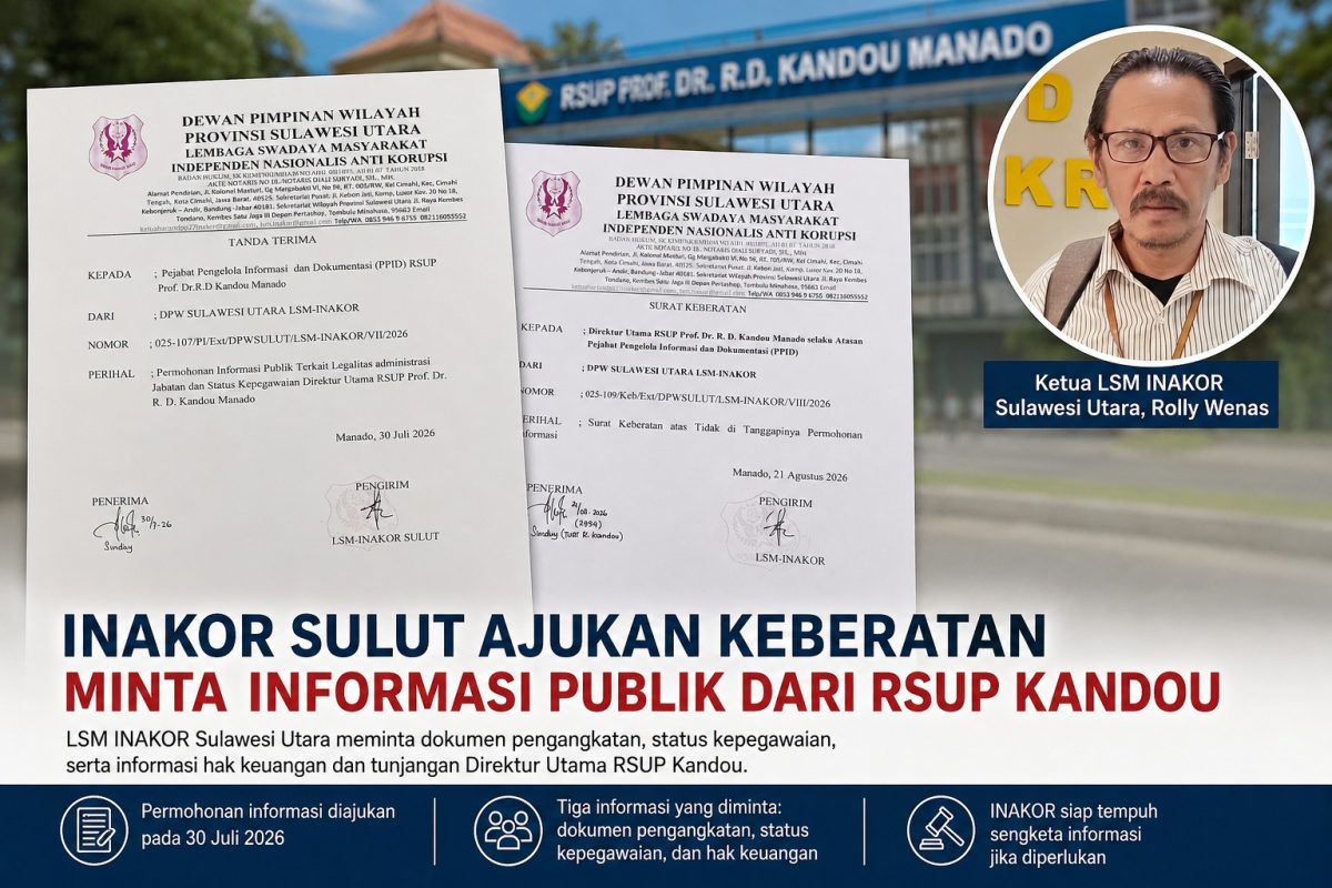 INAKOR Sulawesi Utara mengajukan keberatan setelah permohonan informasi publik kepada PPID RSUP Prof. Dr. R.D. Kandou Manado belum mendapat tanggapan.