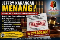 Jeffry Karangan memenangkan perkara Perselisihan Hubungan Industrial (PHI) melawan Kredit Plus Finance di Pengadilan Negeri Manado.